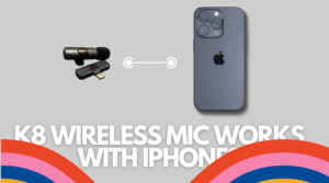 It's a banner image with pictures of the k8 wireless microphone and an iphone, and the text says, "K8 wireless mic works with iphone"