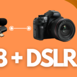 It's an image with two transparent pictures. First one is the K8 wireless microphone and the second is the DSLR camera. The text says, "K8 + DSLR"
